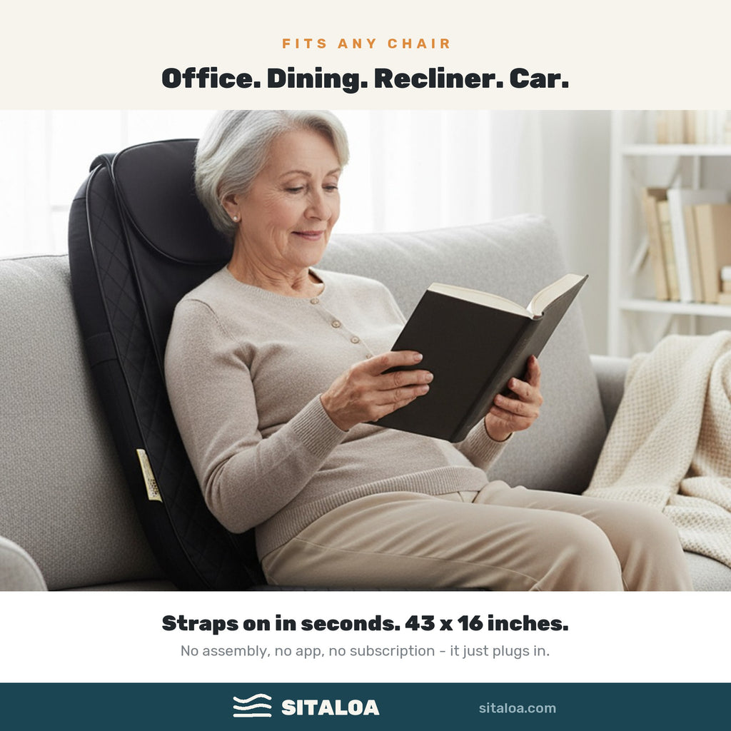 Sitaloa massager strapped to a sofa, in use while reading