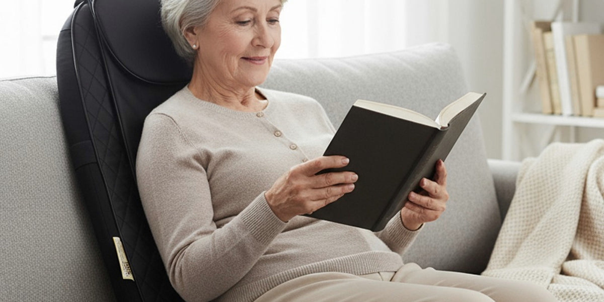 Woman relaxing with the Sitaloa back massager on her sofa